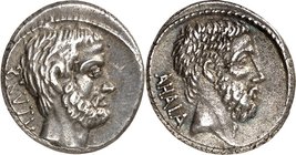 RÖMISCHE REPUBLIK : Silbermünzen. 
Quintus Caepio Brutus 54 v. Chr. Denar 3,96g. Kopf des Lucius Junius Brutus n.r. BRVTVS / AHALA Kopf des Gaius Ser...