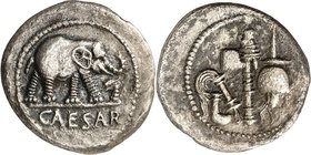 IMPERATORISCHE PRÄGUNGEN. 
CAIUS IULIUS CAESAR 100-44 v. Chr. Denar (49/48 v.Chr.) 3,19g, Feldmünzstätte. Elefant schreitet n.r. und tritt auf Schlan...