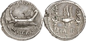 IMPERATORISCHE PRÄGUNGEN. 
MARCUS ANTONIUS 44-30 v. Chr. Denar (32/31 v.Chr.) 3,50g, Feldmünze Patrai / Cercyra. Galeere n.r. ANT. AVG - III.VIR R. P...