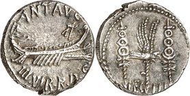 IMPERATORISCHE PRÄGUNGEN. 
MARCUS ANTONIUS 44-30 v. Chr. Denar (32/31 v.Chr.) 3,51g. Galeere n.r. ANT AVG - III VIR R P C / LEG III Aquila zwischen 2...