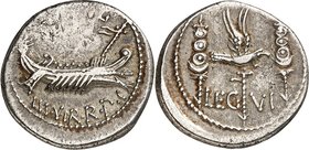 IMPERATORISCHE PRÄGUNGEN. 
MARCUS ANTONIUS 44-30 v. Chr. Denar (32/31 v.Chr.) 3,76g, mobile Mzst. Des Marcus Antonius in Patrai / Cercyra. Galeere n....