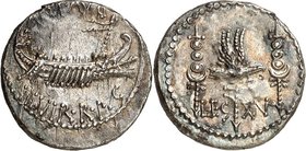 IMPERATORISCHE PRÄGUNGEN. 
MARCUS ANTONIUS 44-30 v. Chr. Denar (32/31 v.Chr.) 3,76g. Galeere n.r. ANT AVG - III VIR R P C / LEG XV Aquila zwischen 2 ...