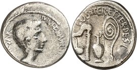 IMPERATORISCHE PRÄGUNGEN. 
"CAESAR" (der spätere Augustus) 44-27 v. Chr.(-14). Denar (37 v.Chr.) 3,88g, s. mobile Mzst. Kopf n.r. IMP. CAESAR DIVI F ...
