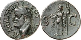 RÖMISCHES KAISERREICH. 
Agrippa +12 v.Chr., z.Z. Caligula. AE-As 9,32g. Kopf mit Rostralkrone n.l. M AGRIPPA L - F COS IIII / S - C Neptun steht nack...