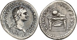 RÖMISCHES KAISERREICH. 
Domitianus, Caesar z.Z. Titus 79-81. Denar (80/81) 2,91g. Kopf mit Lorbeerkranz n.r. CAESAR DIVI F DOMITIANVS COS VII / PRINC...