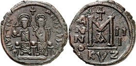 BYZANZ. 
IUSTINUS II. 565-578. AE-Follis 30mm ("3"=&nbsp;567/568) 14,18g, Cyzicus. Trugschrift Justinus und Sophia thronen im Ornat mit Nimbus v. vor...