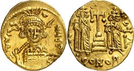 BYZANZ. 
KONSTANTINOS IV. mit Heraklios und Tiberios 668-680. Solidus (674/681) 4,41g, Konstantinopel, 4. Off. Panzerbüste m. Helm, Perlendiadem m. B...