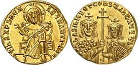 BYZANZ. 
BASILIOS I. mit KONSTANTINOS 868-870. Solidus 4,49g, Konstantinopel. Christkönig thront segnend v.v. + IhS XPS REX - REGNANTIUM + / bASILIOS...