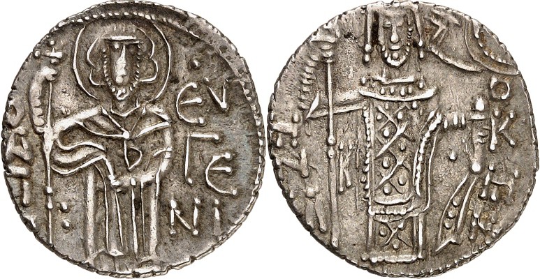 BYZANZ. 
MANUEL I. 1238-1263. Aspron trachy 2,95g. Stehender St. Eugenius hält ...