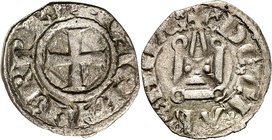 ACHAIA, Fürstentum in Morea. 
Florien de Hainaut 1289-1297. Bi-Denier Tournois 0,60g, Glarentza. Fußkreuz im Perlkreis + FLORENS P ACH' / + D' GL LRE...