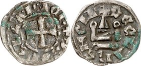 ACHAIA, Fürstentum in Morea. 
Ysabelle de Villehardouin 1297-1301. Bi-Denier Tournois 0,76g, Korinth. Fußkreuz im Perlkreis + Dreispitz YS LBELL L P ...