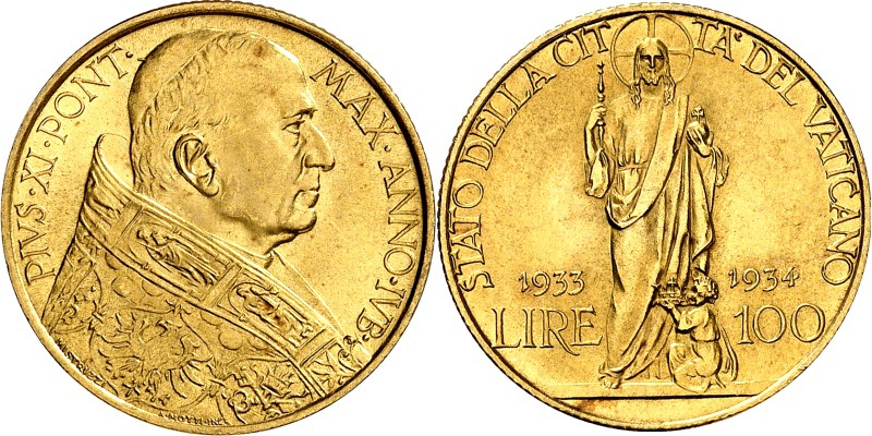 ITALIEN. 
KIRCHENSTAAT. 
Pius XI. 1922-1939. 100&nbsp;Lire 1933/34 Brb. n.l. /...