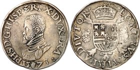 BELGIEN. 
BRABANT. 
Philipp II. 1555-1598. Philippsdaler 1575 Mmz. Hand, Antwerpen. Geharn. Brb. n.l.&nbsp;/ Gekr. Wappen auf Blumenkreuz. Delm.&nbs...