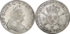 FRANKREICH. 
Louis XIV. 1643-1715. 1/2 Ecu aux insignes 1702 W Lille. Brb. n.r. / Gekr. rundes Wappen auf 2 Zeptern. Gad.&nbsp; 189a. . 

Reformati...