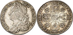 GROSSBRITANNIEN. 
ENGLAND. 
George II. 1727-1760. Shilling 1743 Belorb. Brb. n.l. / Kreuz aus 4 gekr. Wappen, in den Winkeln Rosen. Sb.&nbsp; 3701. ...