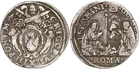ITALIEN. 
KIRCHENSTAAT / VATIKAN. 
Gregor XIII. 1572-1585. Testone o.J. Rom. Papstwappen&nbsp;/ LETAMINI GENTES Weihnachtsszene. Munt.&nbsp; 37. DR ...