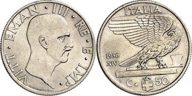 ITALIEN. 
KÖNIGREICH ITALIEN. 
Vittorio Emanuele III. 1900-1946. Ni-50 Cent. 1936 R Riffelrand. KM&nbsp; 76, Pagani&nbsp; 818. selt. Jahr. 

vz-St...