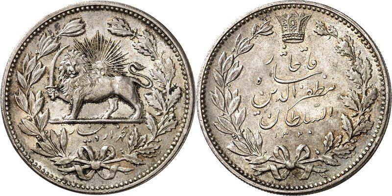 IRAN. 
Muzaffar al-Din Shah 1896-1907. 5000 Dinar = 5 Krans (1320 AH = 1903). K...