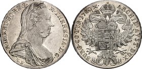 Römisch Deutsches Reich. 
Maria Theresia 1740-1780. Taler 1780 Günzburg. Brustbild im Witwenschleier n. r. / Gekrönter Doppeladler runde Brosche, gep...