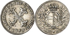 Römisch Deutsches Reich. 
Maria Theresia 1740-1780. 10 Liards 1753 Antwerpen, gekr. Wappen/ Astkreuz. Her.&nbsp; 2027. .