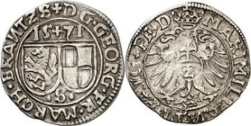 Brandenburg-Franken. 
Georg Friedrich I. 1543-1603. 2&nbsp;Kreuzer 1571 . S . Schwabach. Doppelwappen, oben 15+71 / Gekr. Doppeladler mit Wert "Z". v...