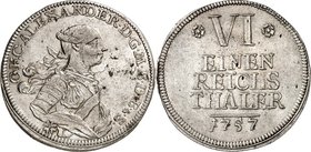 Brandenburg-Ansbach. 
Karl Wilhelm Friedrich 1729-57. 1/6 (preuss.) Reichstaler 1757 Geharn. Brustb. n.r. / 5 Z. Wert u. Jahr. Slg.Wilm.&nbsp; 1130, ...