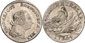 Brandenburg-Preussen. 
Friedrich II. der Grosse 1740-1786. 1/4 Reichstaler 1764 E, Königsberg. Belorb. Kopf n.r. / Gekr. Adler auf Trophäen. Old.&nbs...