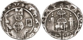Köln-Erzbistum. 
Philipp von Heinsberg 1167-1191. Denar (3.&nbsp;Typ). 1,33g, Sitzender Erzbischof mit Mitra, Pedum und Messbuch / Mauerring mit 3 Tü...