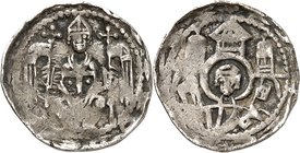 Köln-Erzbistum. 
Dietrich von Heinsberg 1208-1212. Denar. 1,60g. Sitzender Erzbischof mit 2 Fahnen / Brb. Petri mit Buch und Schlüssel in dreitürmige...