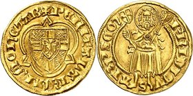 Köln-Erzbistum. 
Friedrich III., Graf von Saarwerden 1371-1414. GOLD (1397) 3,44g, Bonn. Johannes der Täufer steht v. vorn, oben Schilde von Köln und...