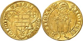 Köln-Erzbistum. 
Dietrich II. von Moers 1414-1463. Goldgulden o.J. (1415) 3,48g Bonn. Wappenschild und 2 Wäppchen, unten Rosette im Dreipaß / Johanne...