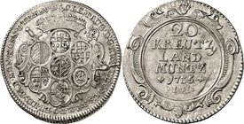 Köln-Erzbistum. 
Clemens August von Bayern 1723-1761. 20&nbsp;Kreuzer Landmünze 1735 .I.H. Bonn. Kartusche mit 7 Wappen unter Kurhut / 6&nbsp;Z. Wert...