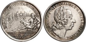 Köln-Freie Reichsstadt. 
z.Z. Karl VII. 1742-45. Medaille 1742 (v. Wyon) a. d. Huldigung für Kaiser Karl VII. Stadtansicht, im Vordergrund Flußgott d...