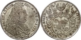Lippe-Detmold. 
Friedrich Adolf 1697-1718. 2/3 Reichstaler 1713 H-L. Detmold. Geharn. Brustbild n. R. / 5 fach behelmtes ovales Wappen. Grote&nbsp; 2...