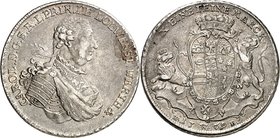 Löwenstein-Wertheim-Rochefort. 
Karl Thomas 1735-1789. Konv.-Taler 1769 Wertheim. Geharn. Brb. n.r.&nbsp;/ Fürstenwappen zw. 2&nbsp;Löwen. Wibel&nbsp...