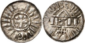 Magdeburg-Erzbistum. 
Adalbert 968-981. Denar nach karoling. Vorbild 1,29 g Kreuz im Perlkreis, i.d.Winkeln Kugeln, außen Balkentrugschrift mit +u.o/...