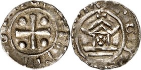 Mainz-Kgl. Münzstätte. 
Otto II./III. 973-983-1002. Denar 1,24g. Fußkreuz m. Winkelkugeln + OTTO IMP AVG / "+ MOGON CIA CIVIT" Holzkirche m. Binnenkr...