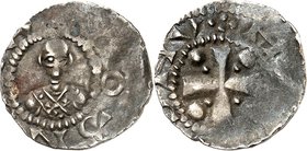 Mainz-Kgl. Münzstätte. 
Hl. Heinrich II. mit Willigis 1002-1011. Denar 1,52g (M)OG(NCI)A Brb. des Erzbischofs von vorn /H(EINRI)CHV Kreuz mit Kugel u...
