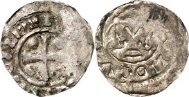 Mainz-Kgl. Münzstätte. 
Konrad II., seit 1027 Kaiser 1024-1039. Denar (1027/39) 1,05. Kreuz m. Winkelkugeln [+ CHVON]RADVS IMP / [VRBS MOGVN(CIA) Hol...