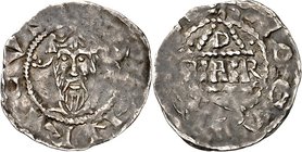 Mainz-Erzbistum. 
Bardo von Oppertshofen 1031-1051. Denar 0,91g. (+HEI)NRICVS Gekr. Kopf v.vorn /Undeutliche Us.,Kirche mit D-BIAIR-(DO). Dbg. 805, S...