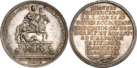 Mainz-Erzbistum. 
Johann Friedrich Karl, Graf von Ostein 1743-1763. Medaille 1740 (Chronogramm) (v.Joh.L. Oexlein) 10 Zeilen Schrift ü. gekreuzten Pa...