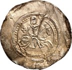 Mansfeld, gemeinschaftlich. 
Burchard I. 1183- 1229. Brakteat Eisleben 0,83g. Nach rechts reitender Graf mit Kugelhaube, kurzer Fahne u. Schild im Pe...