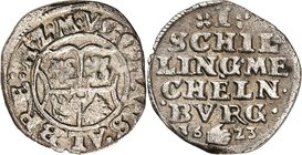 Mecklenburg-Güstrow. 
Johann Albrecht II. (1611-)1621-36. Schilling 1623 Gnoien. Wappen&nbsp;/ Wert. Kunzel&nbsp; 473C/d. (2). 

ss