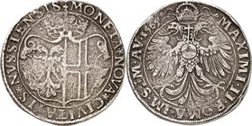 Neuss, Stadt. 
z. Z. Maximilian II. 1564-1576. Reichstaler sog. Wappentaler 1569 Mzm. Johann Kreidtfisch. Gekr.neues Stadtwappen Adler/Kreuz // Gekr....