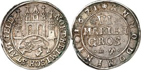Northeim. 
6 Mariengroschen 1671 Löwe n.l. im Torbogen mit 5 Türmen/ Wert u. Mz. Mertens 120. . 

kl.Schrf.am Rd.,ss+