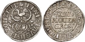 Osnabrück-Bistum. 
Ernst August von Braunschweig-Lüneburg 1662-1698. 24&nbsp;Mariengroschen 1676 Melle. Helm mit üppiger Zier; oben Mmz. großer Stern...