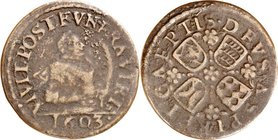 Württemberg. 
Friedrich I. 1593-1608. Medaille 1603. VIVIT. POST. FVNERA. VIRTs Geharn. Brb. m. Palmzweig n.r. / DEVS. ASPIRET. CAEPTIS Blumenkreuz m...