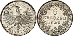 Frankfurt. 
6&nbsp;Kreuzer 1843 Adler. AKS&nbsp; 18, J.&nbsp; 20. . 

kl.Flecken,St