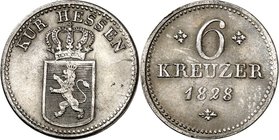 Hessen/-Kassel. 
Wilhelm II. 1821-1847. 6 Kreuzer 1828 für Oberhessen, Hanau, Fulda. AKS&nbsp; 33, J.&nbsp; 28. . 

ss/vz