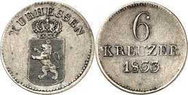 Hessen/-Kassel. 
Wilhelm II. 1821-1847. 6 Kreuzer 1833 für Oberhessen, Hanau und Fulda. AKS&nbsp; 34, J.&nbsp; 29. . 

ss-vz